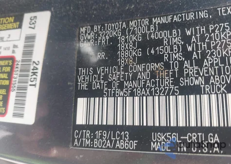 2010 Toyota Tundra Limited 5.7L V8 from USA, damaged, VIN 5TFBW5F18AX132775
